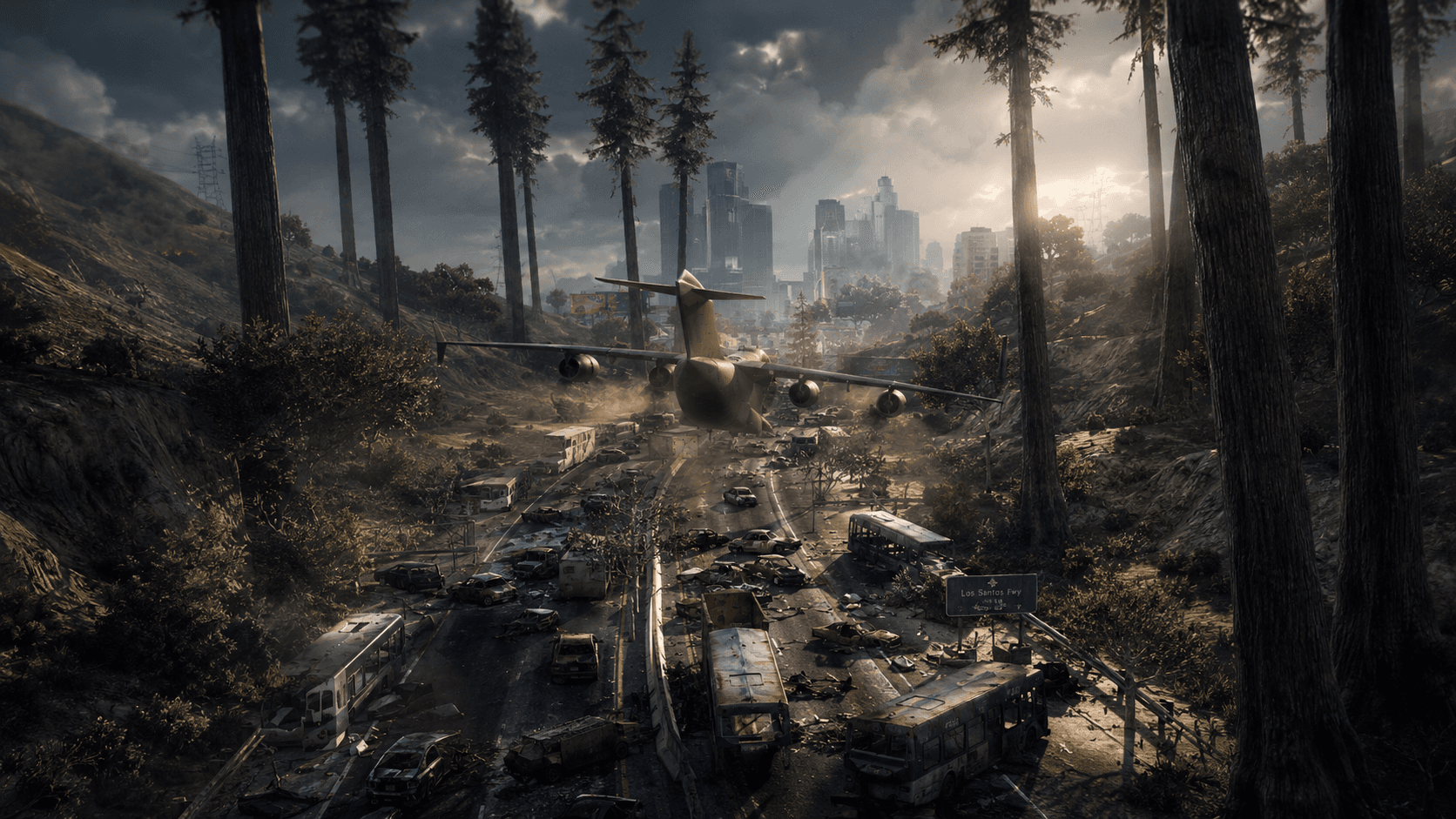 Military cargo plane over abandoned burning freeway — post-apocalyptic FiveM scene on Tunisian HighLife