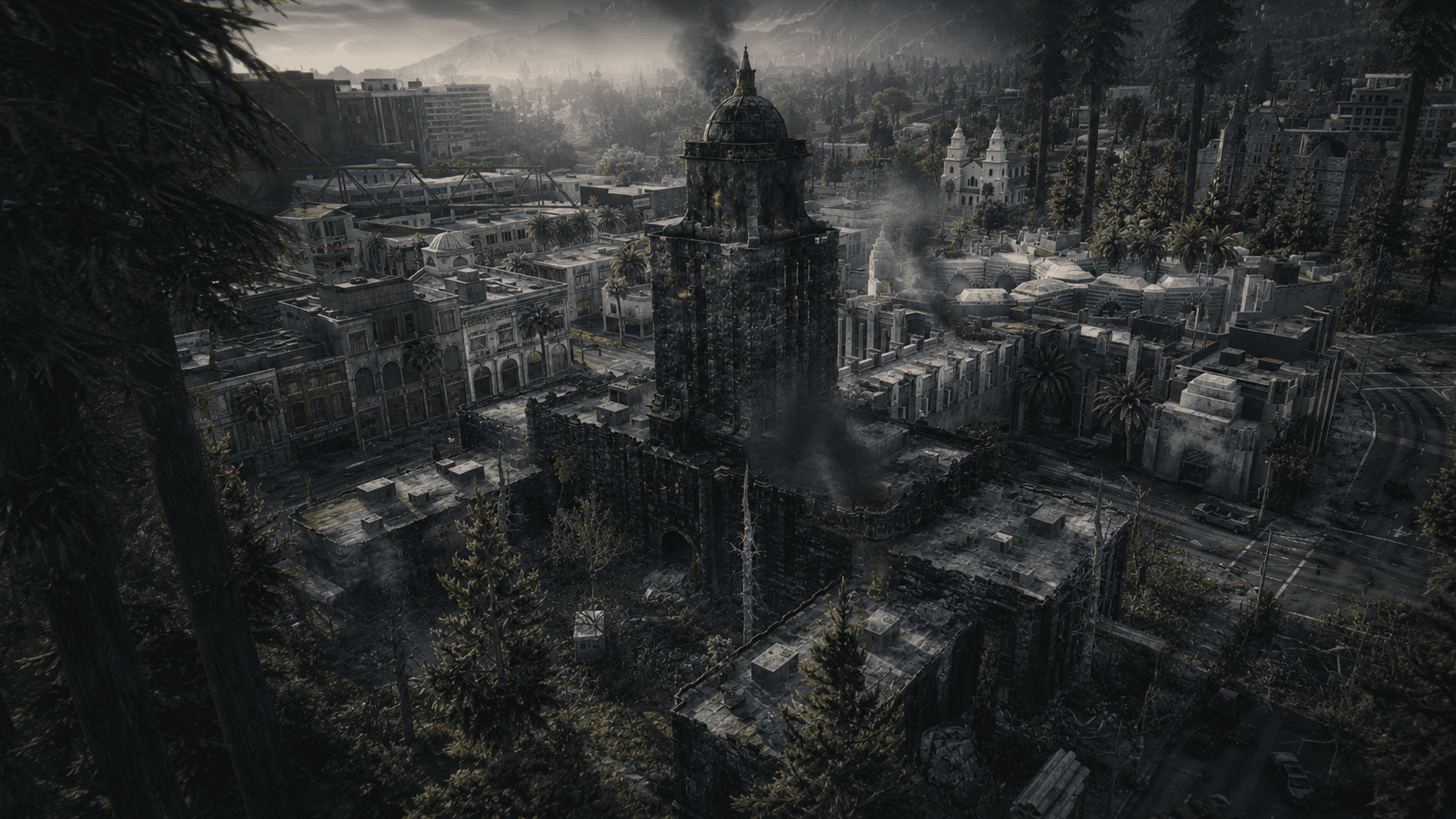 Burning city ruins with smoke and fire across Tunisian HighLife apocalypse map