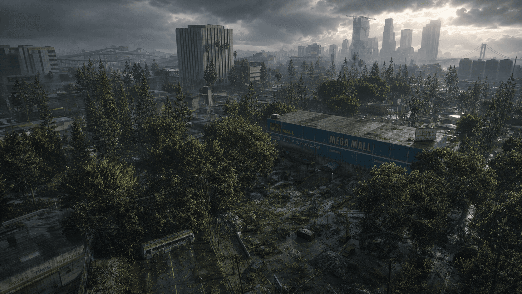 Mega Mall with overgrown city skyline and storm sunlight