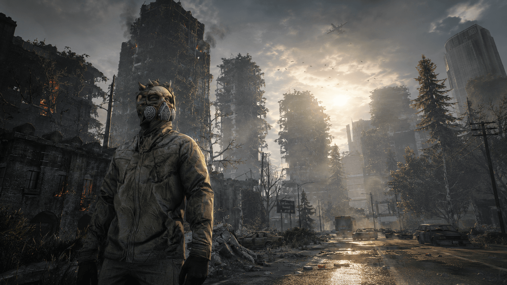 Gas mask survivor on abandoned highway in FiveM zombie survival scene