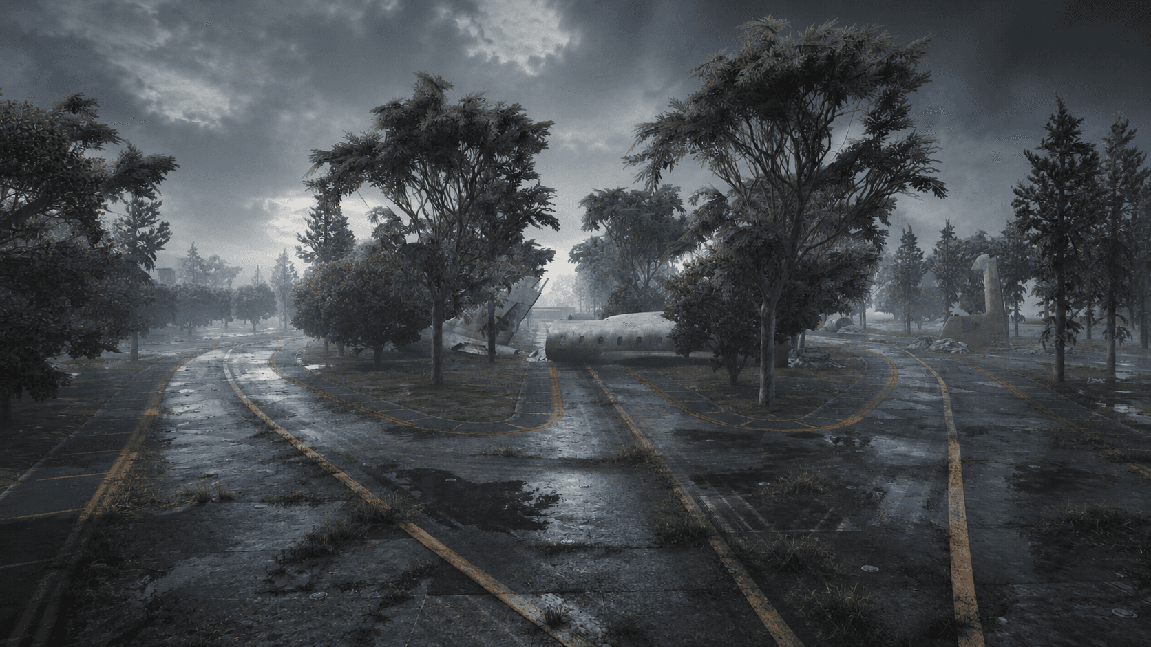 Sunset over apocalypse horizon with ruins and forest