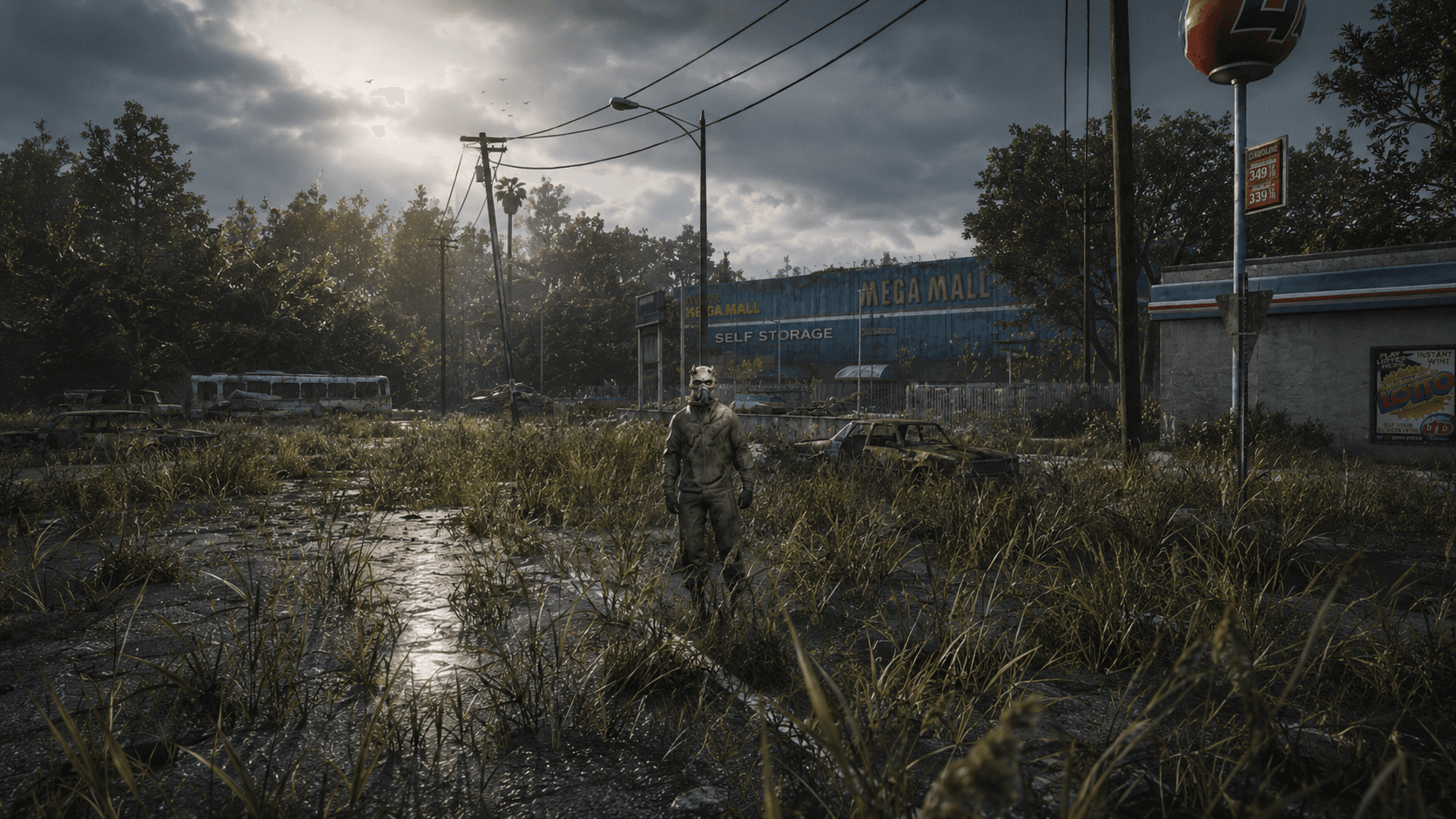 Stormy sky over bridge approach with abandoned vehicles
